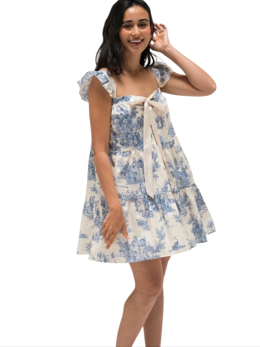 Aureum Ivory & Blue Nwot Rosemarie French Cap Sleeve Tiered Babydoll Shift Dress